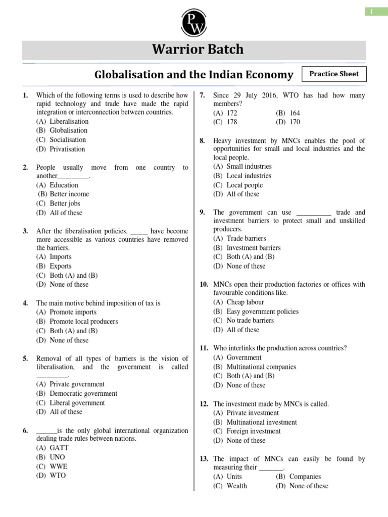 Practice Sheets | PDF | Globalization | Multinational Corporation