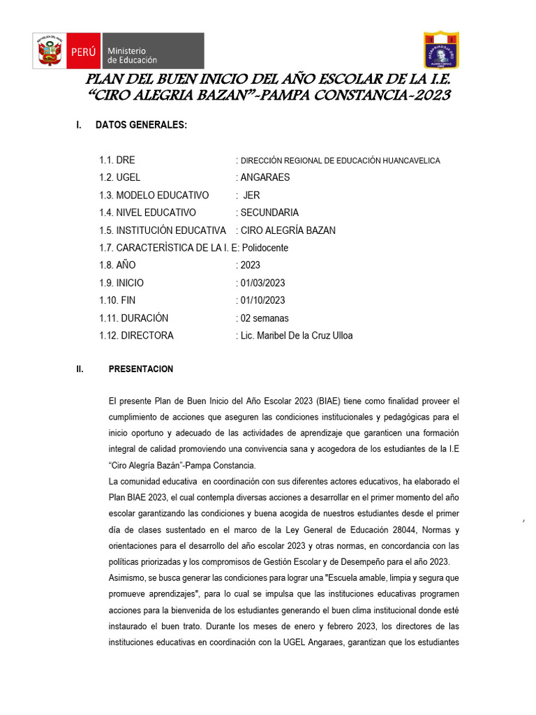 Plan de Inicio Escolar 2023 - I.E. Ciro Alegría | PDF | Educación ...