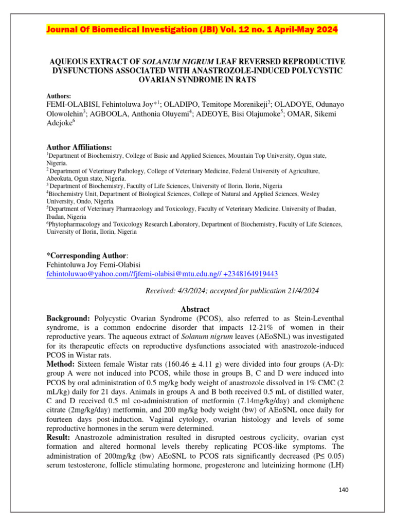 Solanum Nigrum Extract Reverses PCOS in Rats | PDF | Polycystic Ovary ...