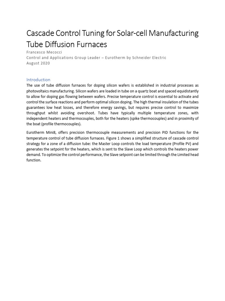 Cascade control tuning for solar cell manufacturing tube diffusion
