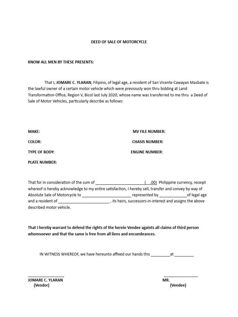 DEED OF SALE OF MOTORCYCLE PDF