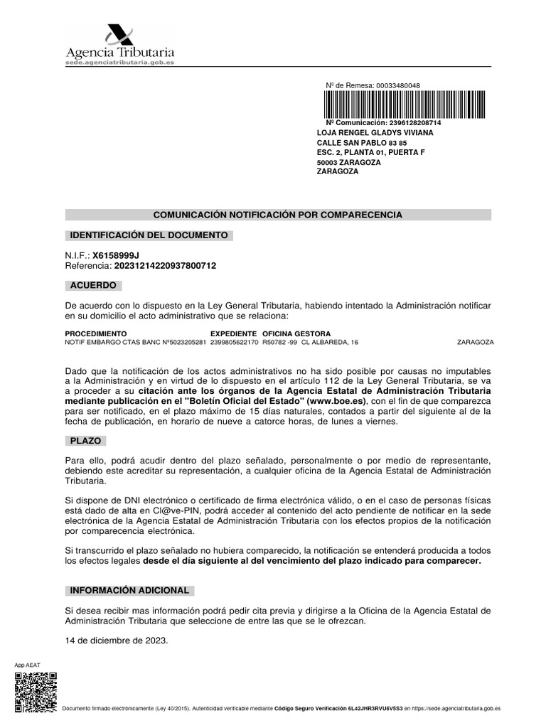 Comunicación Notificación Por Comparecencia Identificación Del