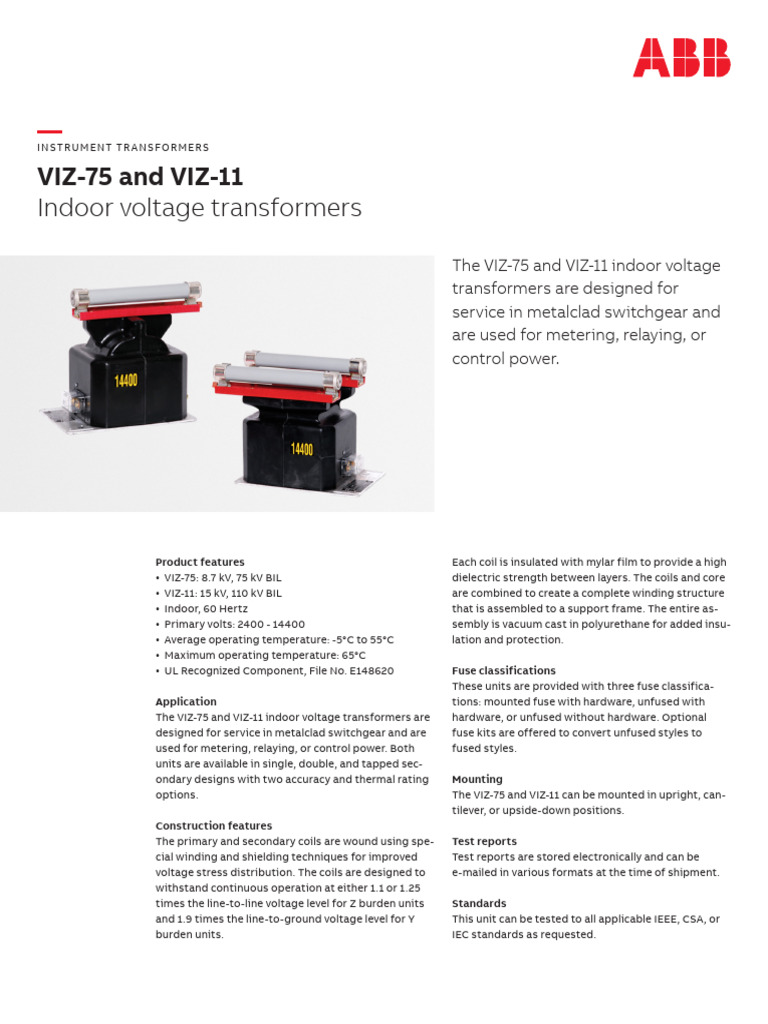 VIZ-75 and VIZ-11 Voltage Transformers | PDF | Transformer | Fuse ...