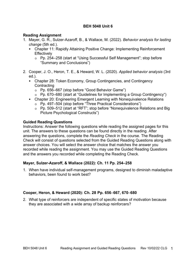 BEH 5048 Unit 6 Reading Assignment-Guided Reading Questions | PDF ...