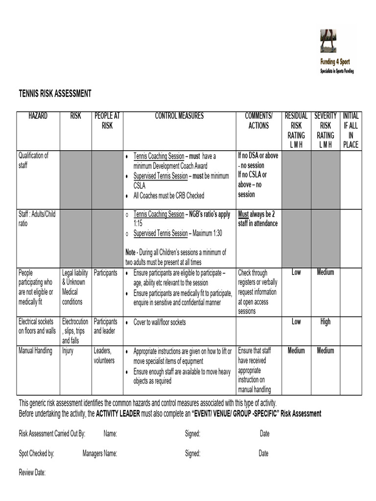 Tennis Activity Risk Assessment Guide | PDF | First Aid | Risk Assessment