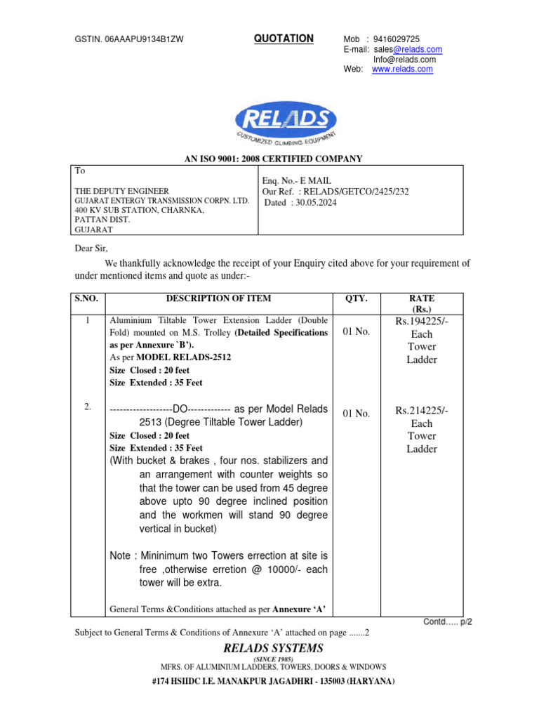 Quotation for Aluminium Tower Ladders | PDF | Manufactured Goods