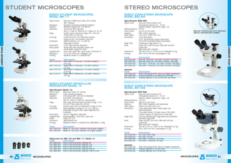 Boeco BM-117 Microscope Specifications | PDF | Optics | Optical Devices