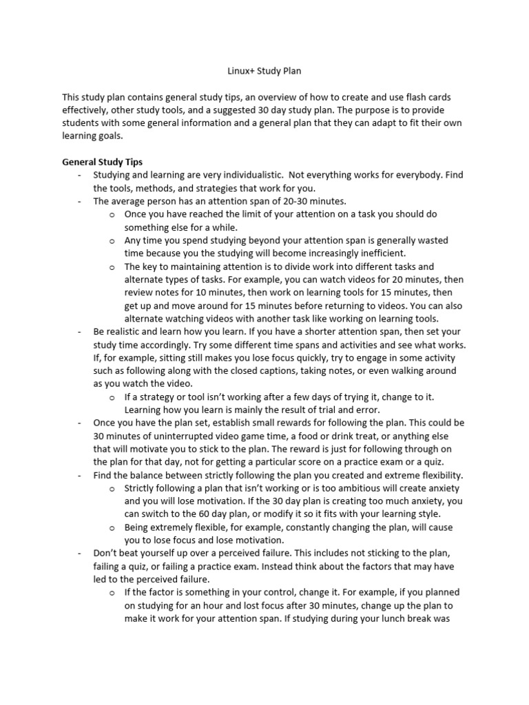 Linux+ Study Plan and Study Tips | PDF | Flashcard | Attention