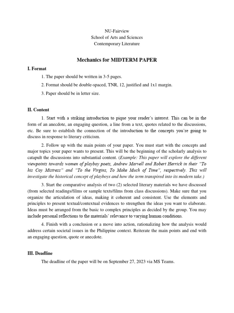Midterm Paper Guidelines for Literature | PDF