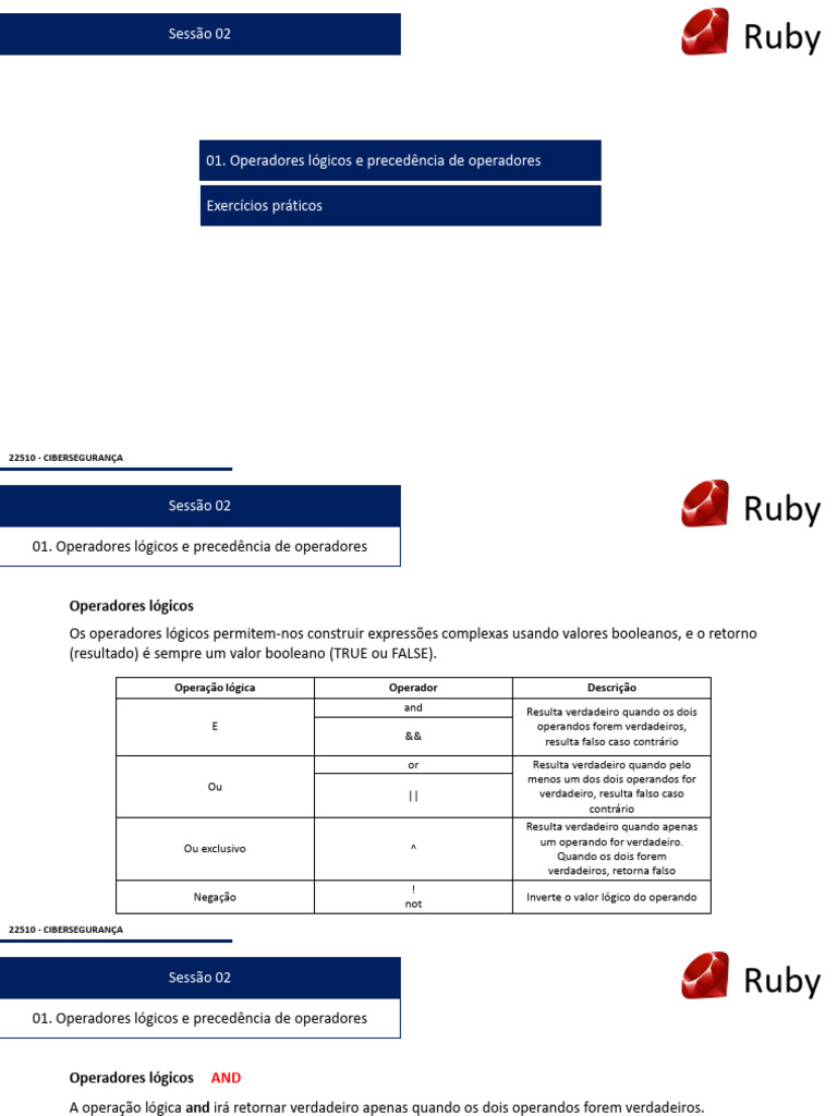 Sessão 02 Ruby | PDF | Tipo de dado booleano | Lógica matemática