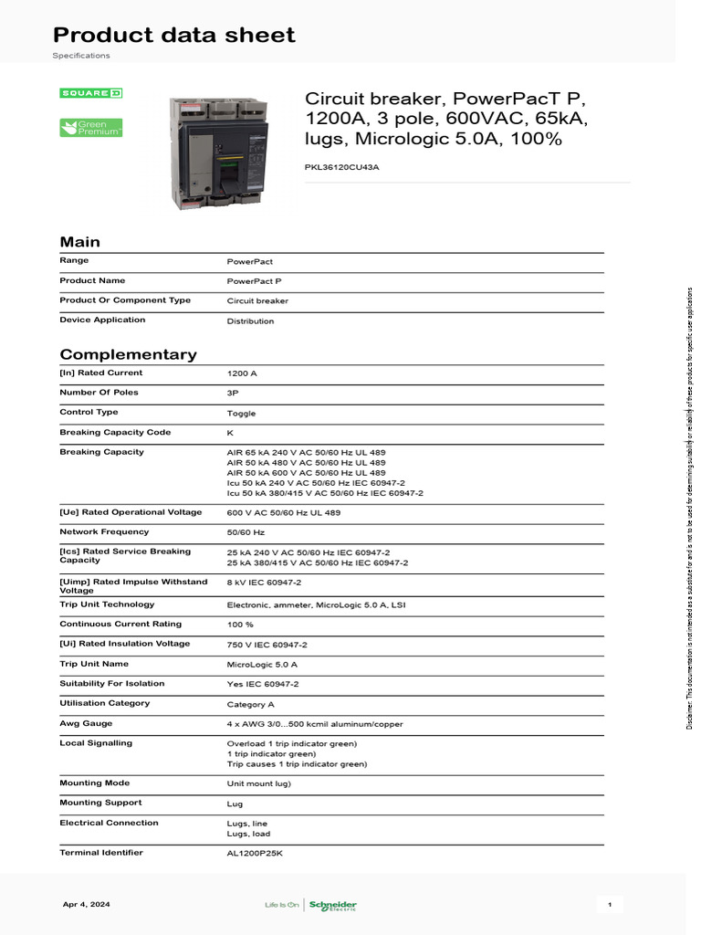 1200A PowerPact P Circuit Breaker | PDF | Alternating Current ...