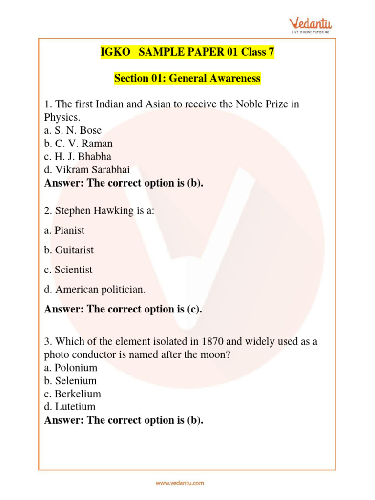 IGKO Sample Paper for Class 7 | PDF