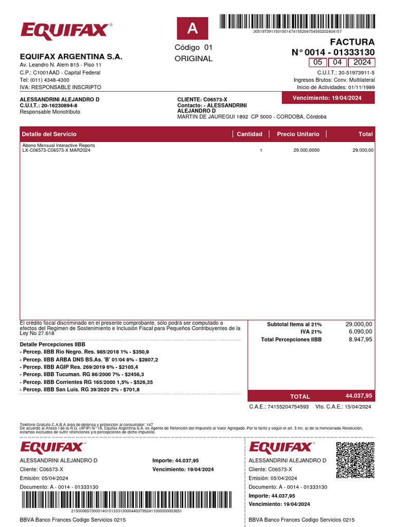 Factura Equifax Argentina S.A. 2024 | PDF | Pagos | Impuestos