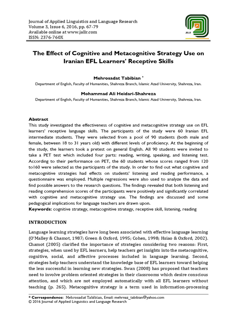 Cognitive Strategies in EFL Receptive Skills | PDF | Metacognition ...