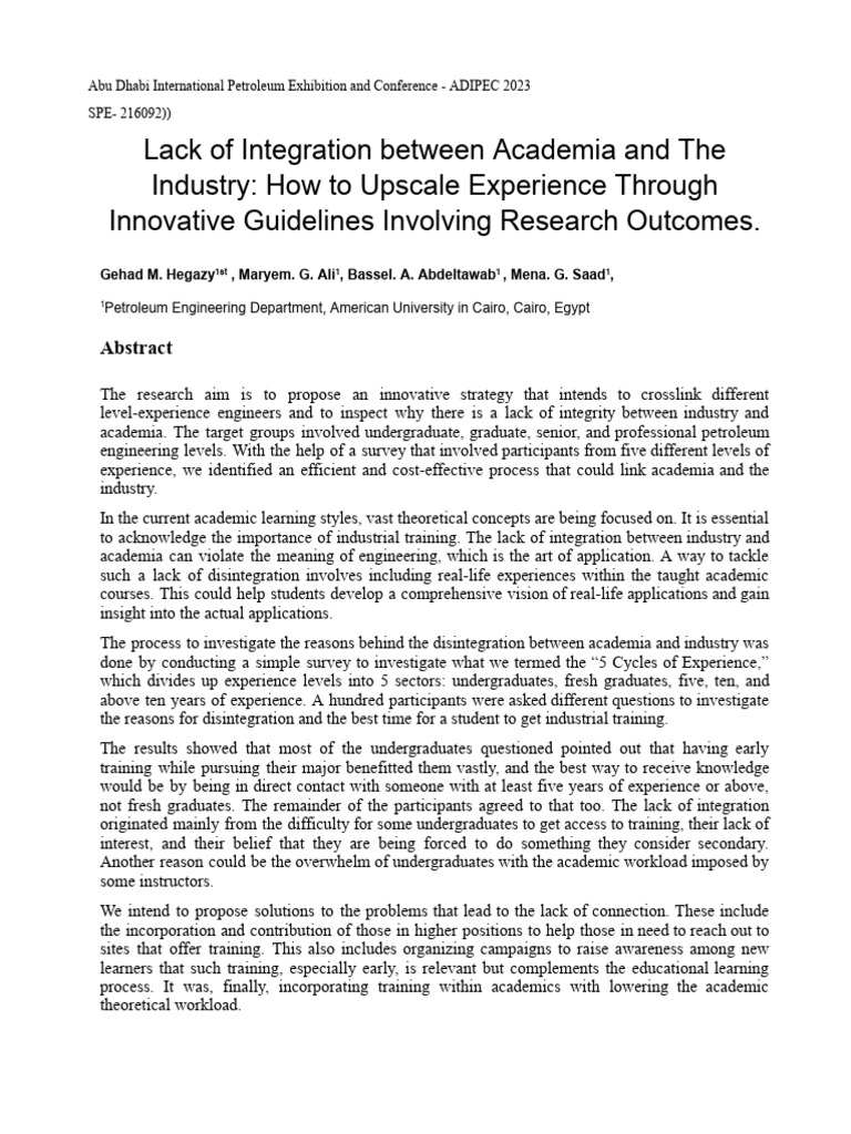 Spe 216092 lack of integration the american university in cairo pdf