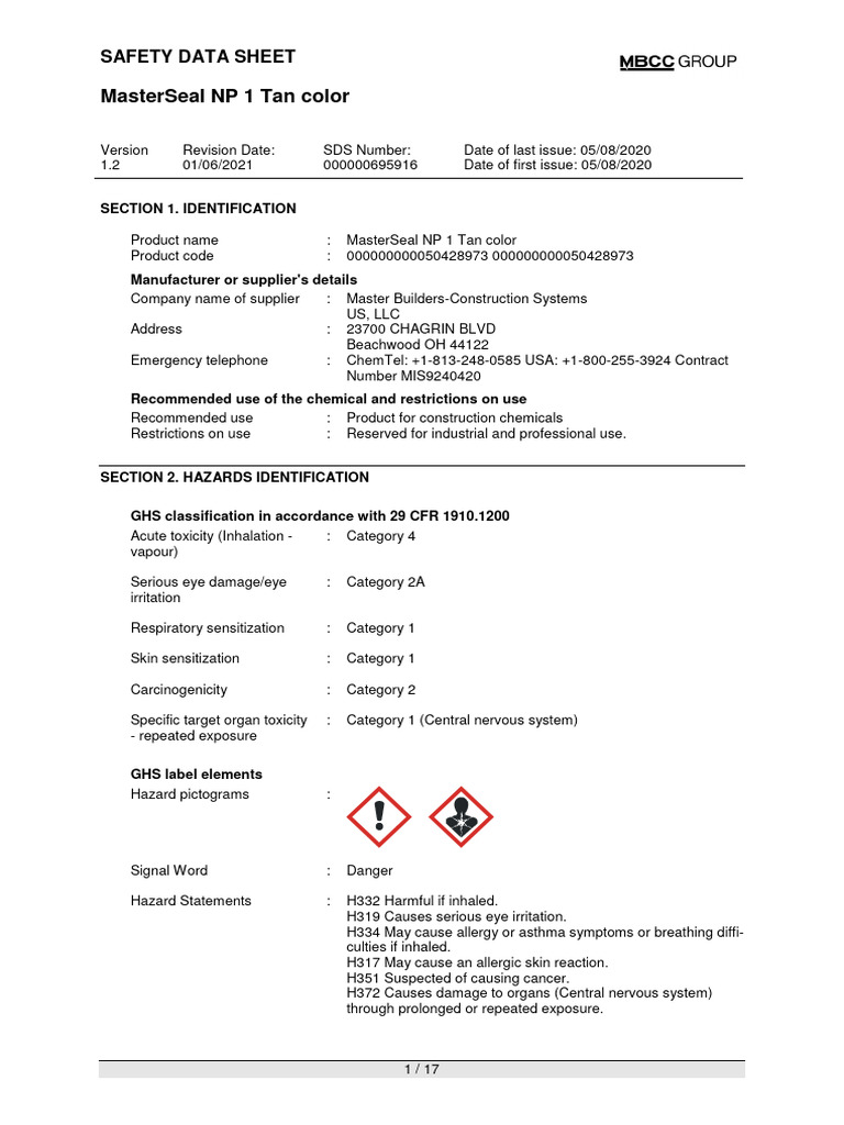 MasterSeal NP 1 Tan SDS Overview | PDF | Working Conditions | Safety