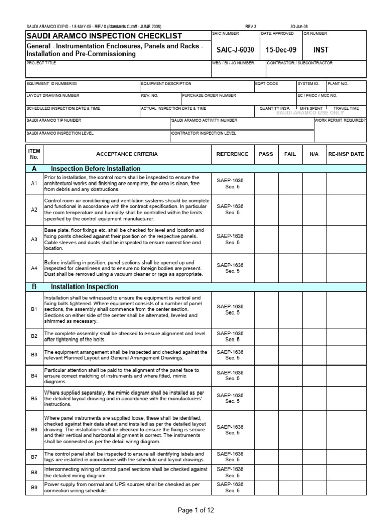 Saudi Aramco Inspection Checklist J6030 | PDF | Electrical Connector ...