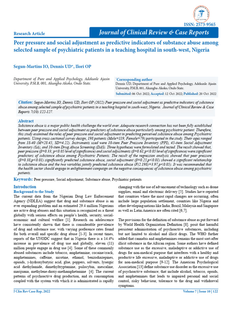 Peer Pressure and Social Adjustment As Predictive Indicators of ...