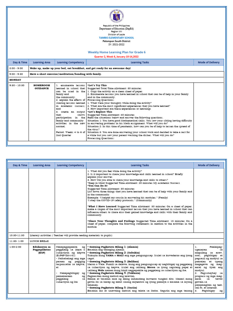 Grade 6 Weekly Home Learning Plan | PDF | Invertebrate | Learning