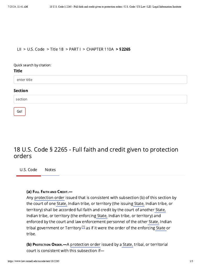 18 u s code 2265 full faith and credit given to protection orders