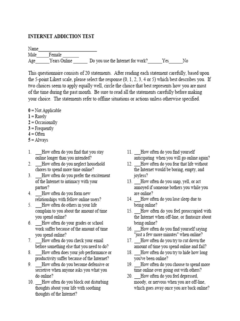 Final Internet Addiction Questionnaire | PDF | Workweek And Weekend ...
