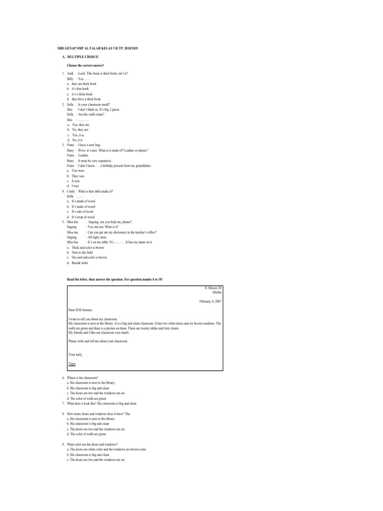 Midterm Exam SMP Al Falah Kelas VII | PDF | Language Arts & Discipline