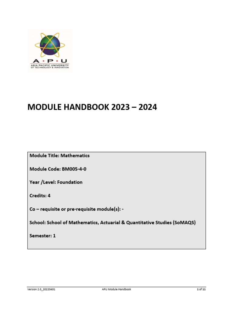 BM005 4 0 Mathematics Module Handbook VE1 2023 2024 PDF Function 