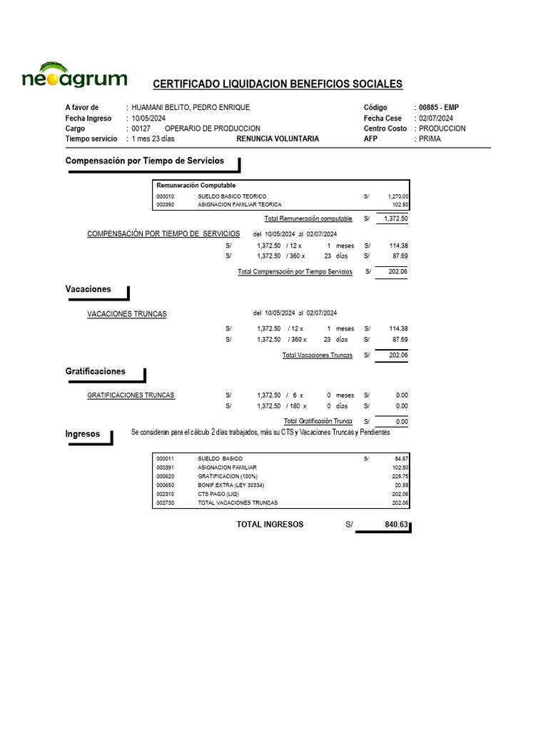 Liquidacion BBSS Phuamani | PDF