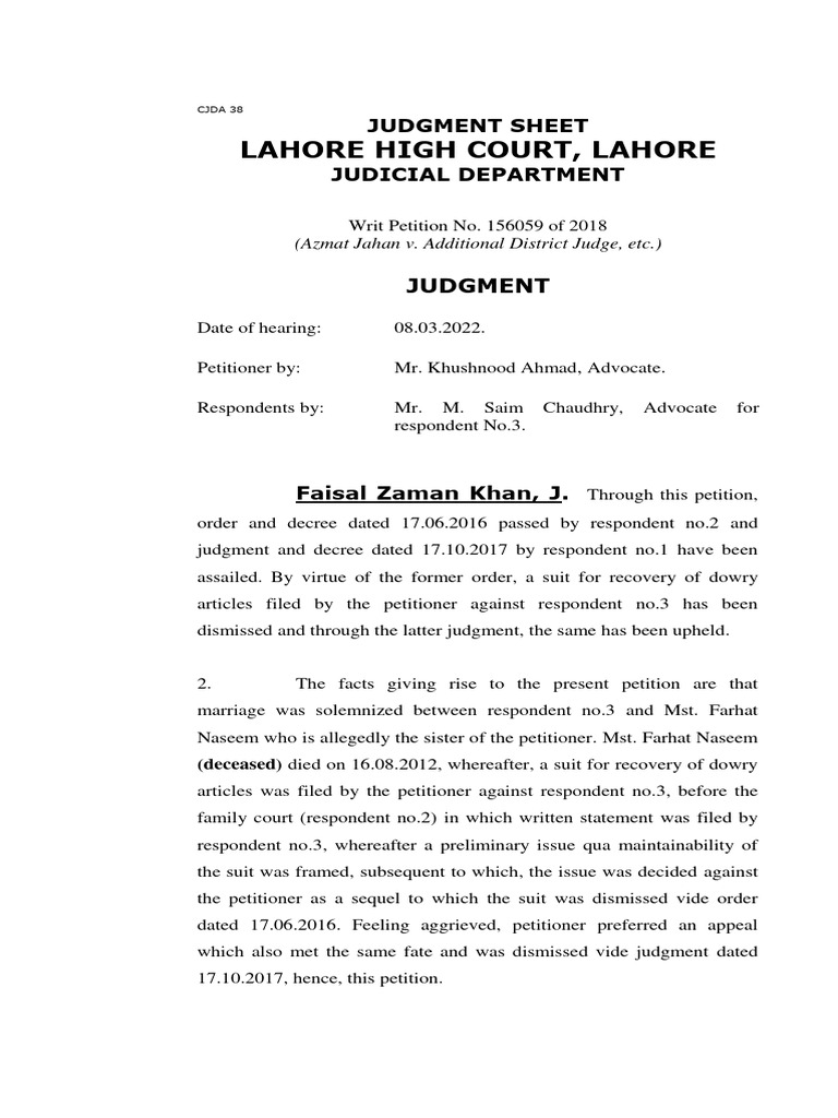 Lahore High Court Dowry Recovery Ruling | PDF | Lawsuit | Jurisdiction