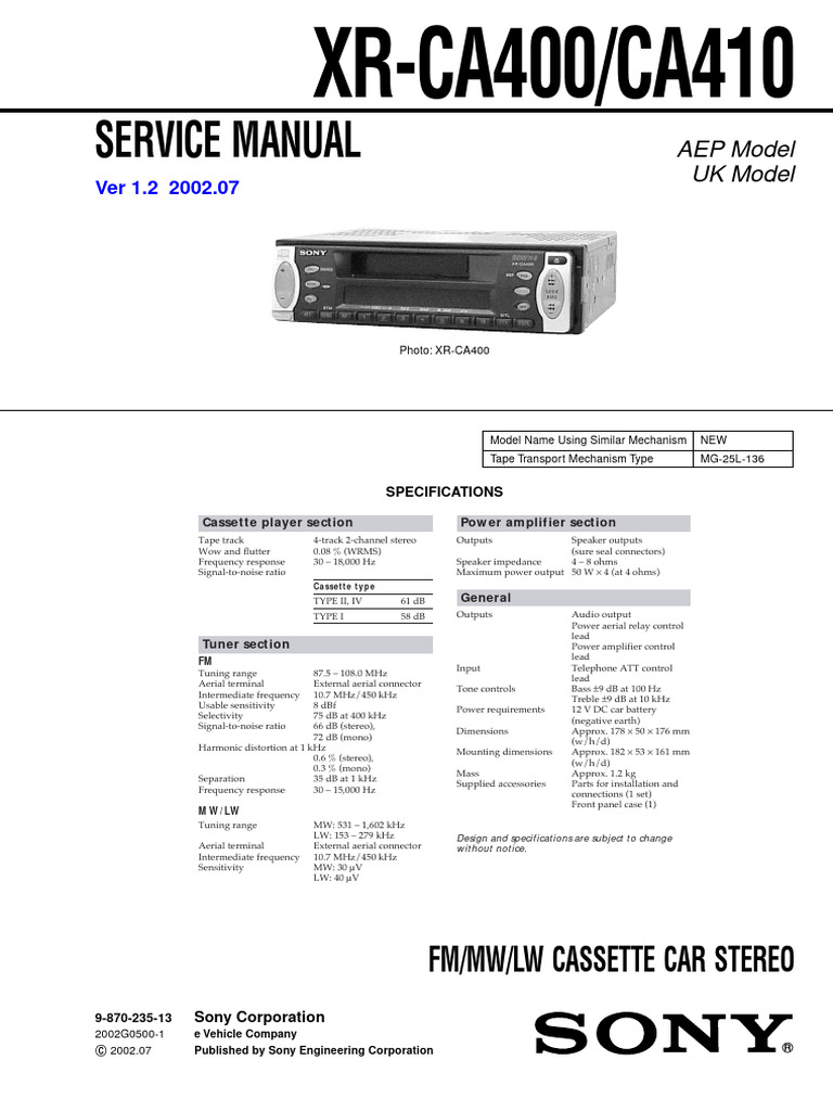 Sony XR-CA400/CA410 Service Manual | PDF | Printed Circuit Board ...