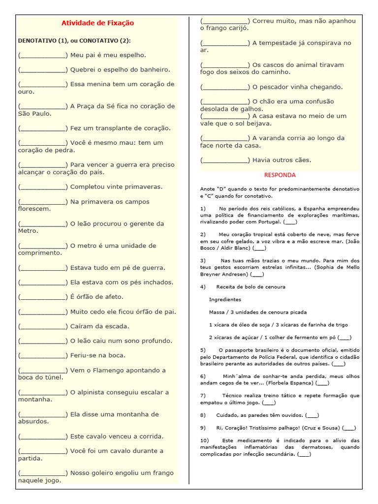 Exercícios sobre Denotação e Conotação | PDF