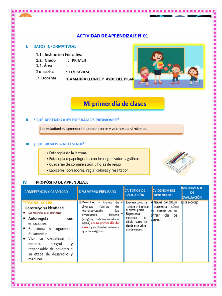 Primer Día de Clases: Emociones y Aprendizaje | PDF | Evaluación