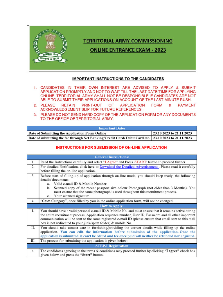 Important Instructions To The Candidates: Instructions For Submission ...