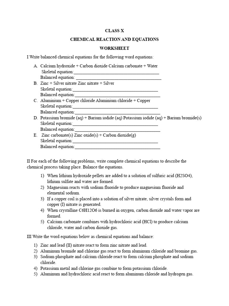 Chemical Reactions Worksheet for Class X | PDF | Oxide | Chloride