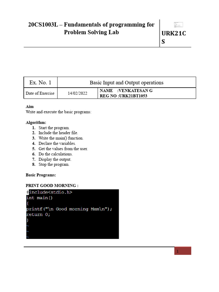 Ex No 1 FUNDAMENTALS OF PROGRAMMING FOR PROBLEM SOLVING | PDF ...