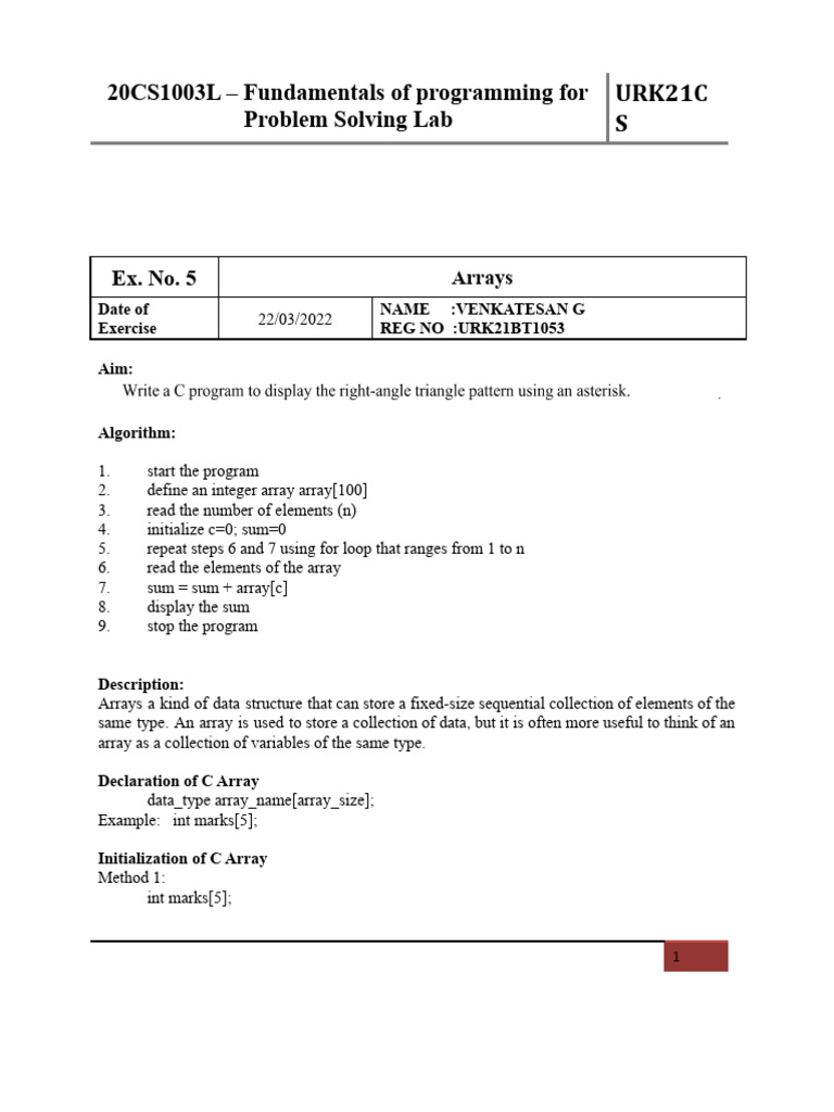 Exp 5 Fundamentals of C Programming by Urk21bt1053 | PDF | Integer ...