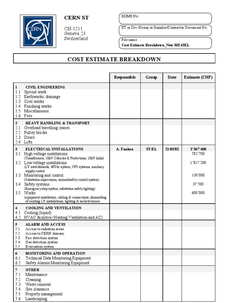 CERN Cost Estimate Breakdown 2002 | PDF