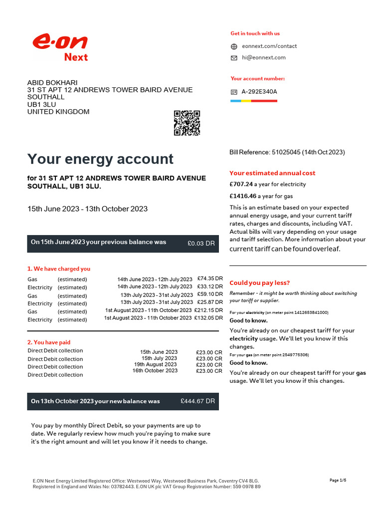 E.ON Next Energy Bill Summary 2023 | PDF | Value Added Tax | Gases