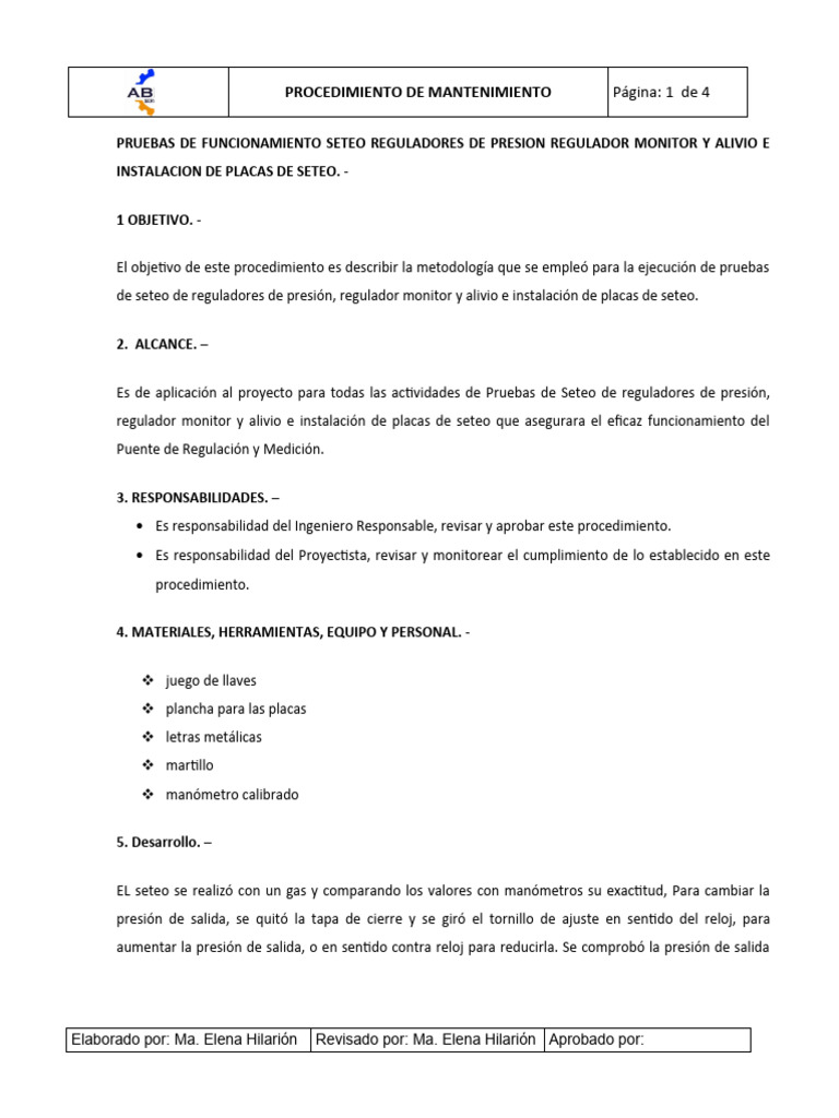 Procedimiento de Seteo de Reguladores | PDF