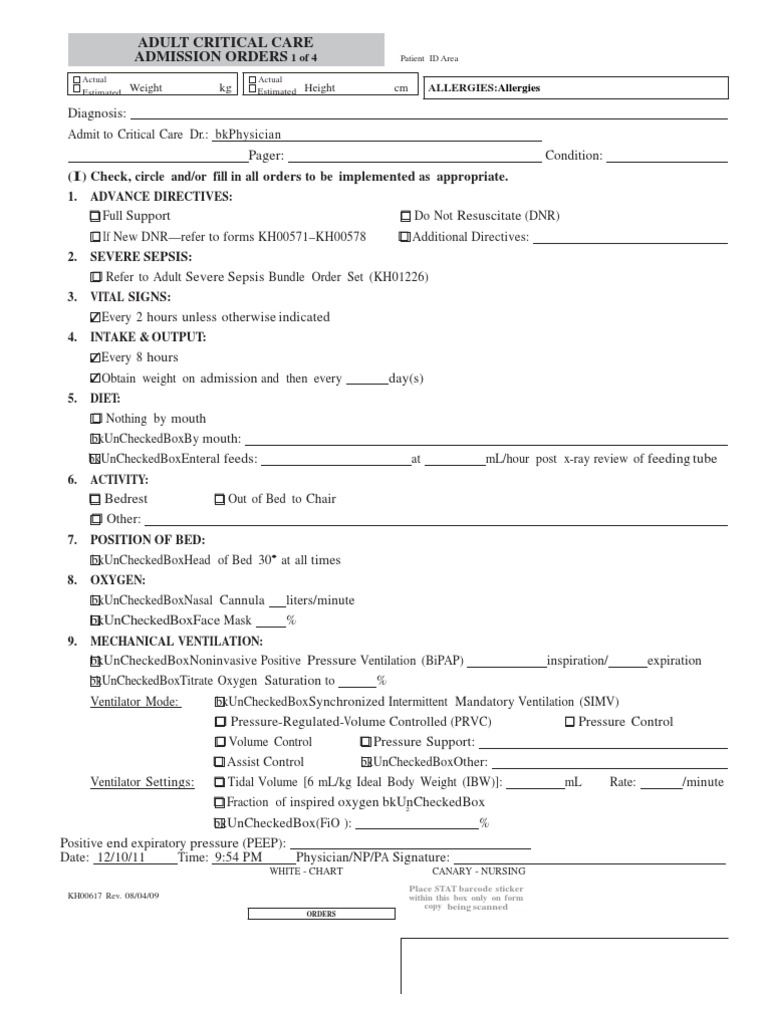 Critical Care Admission Orders | Thrombosis | Health Sciences | Free 30 ...