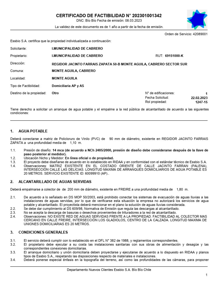 Factibilidad ESSBIO N°202301001342 | PDF | Alcantarillado | Ingeniería ...