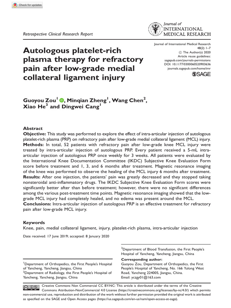 Zou Et Al 2020 Autologous Platelet Rich Plasma Therapy For Refractory ...