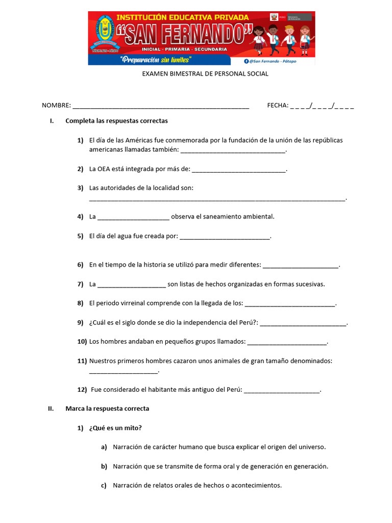 Examen Bimestral de Personal Social | PDF | Andes | Era precolombina