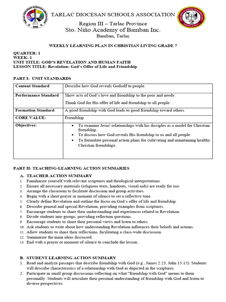 CLE Grade 7 - 1Q 1st Weekly Lesson Plan - 2024 | PDF | Revelation | God