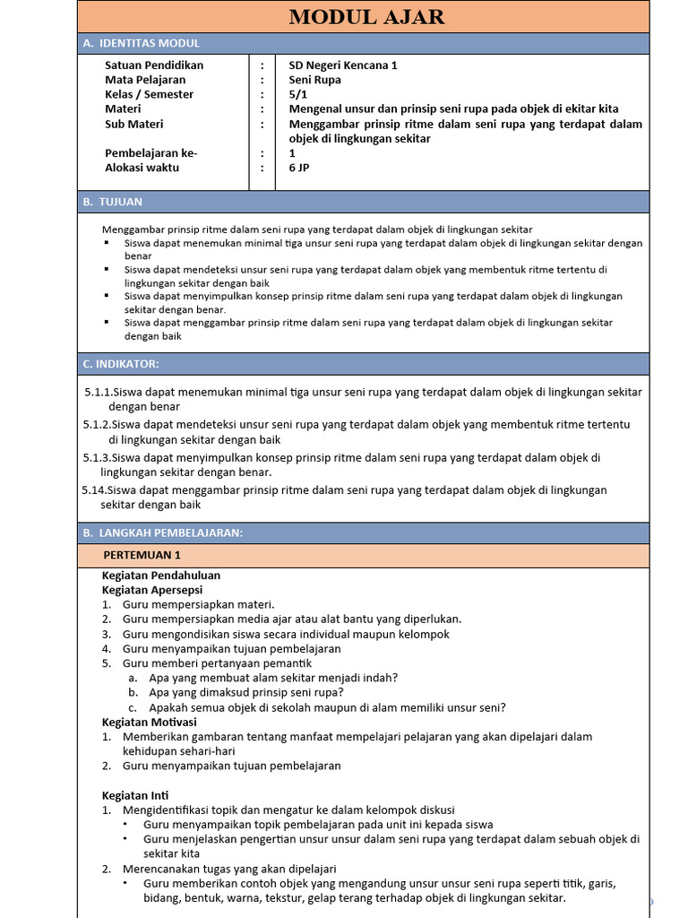 8 - MODUL - AJAR - SENI - KELAS - 5 - BAB - 1 Diah Sadiah | PDF | Seni ...