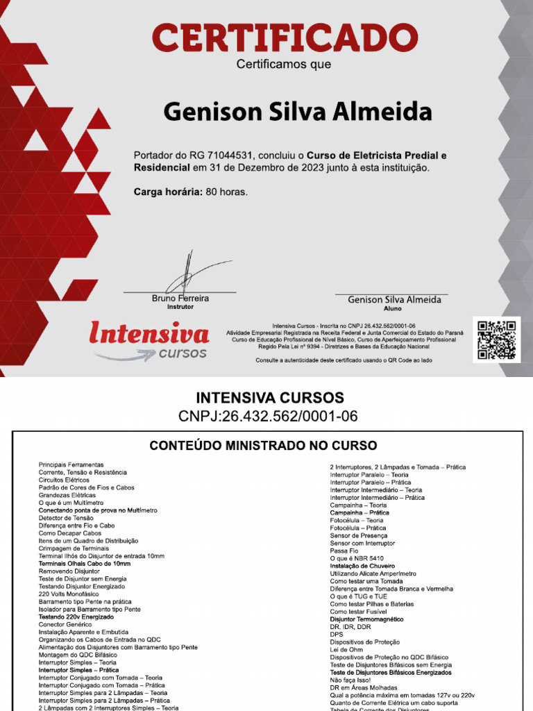 Certificado Curso Eletricista Predial e Residencial - Genison Silva ...