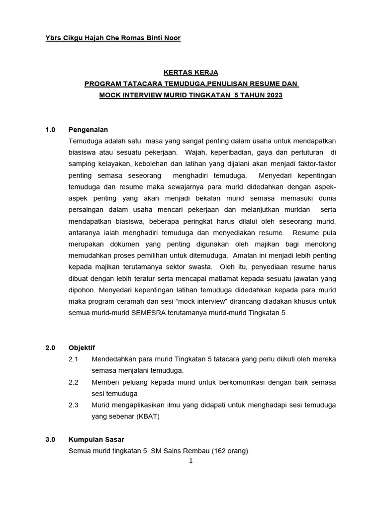 Program Temuduga dan Resume Tingkatan 5 | PDF