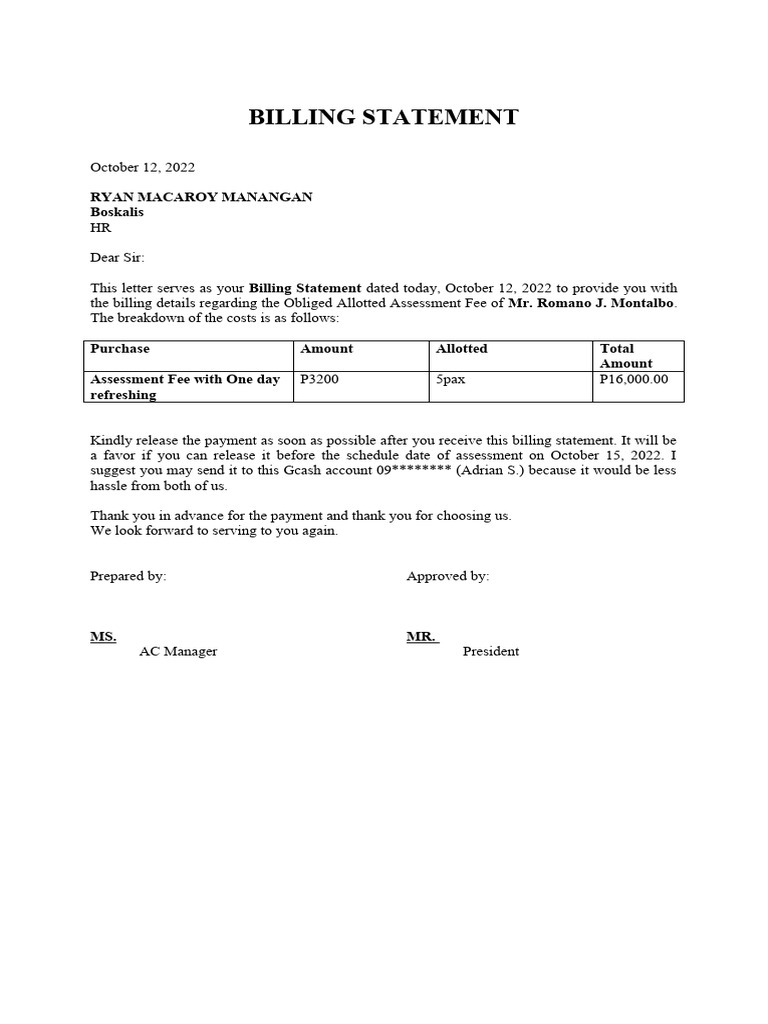 Billing Statement for Assessment Fee | PDF