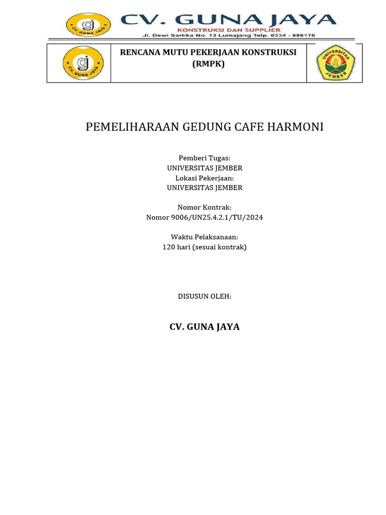 Rencana Mutu Pemeliharaan Cafe Harmoni | PDF