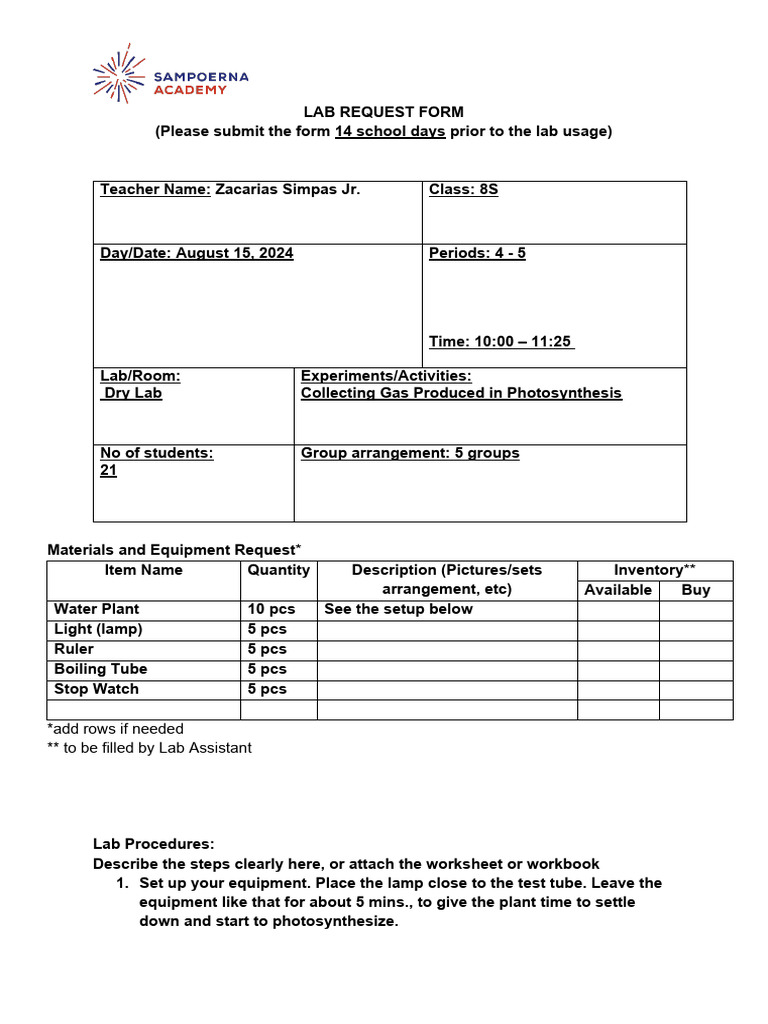 Lab Request for Photosynthesis Experiment | PDF